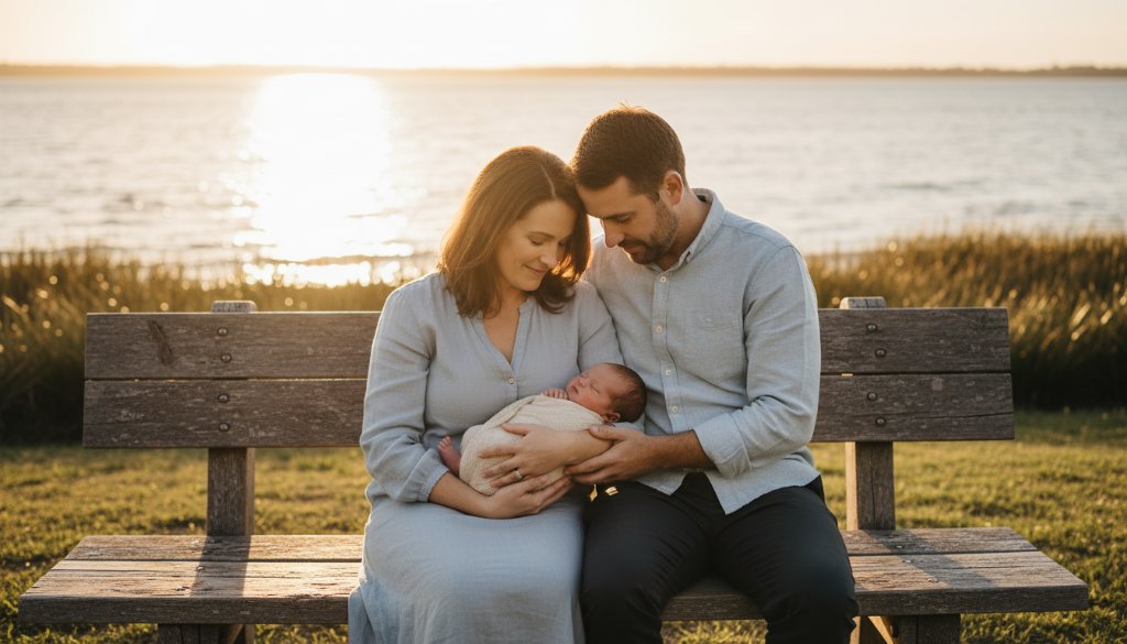 A tender, cinematic wide shot capturing Seabrook Victoria newborn photography gentle artistic sessions, showing a sleeping newborn cradled softly in a vintage wooden basket amidst a soft, sunlit field at golden hour near the Seabrook foreshore, evoking peace and new beginnings.