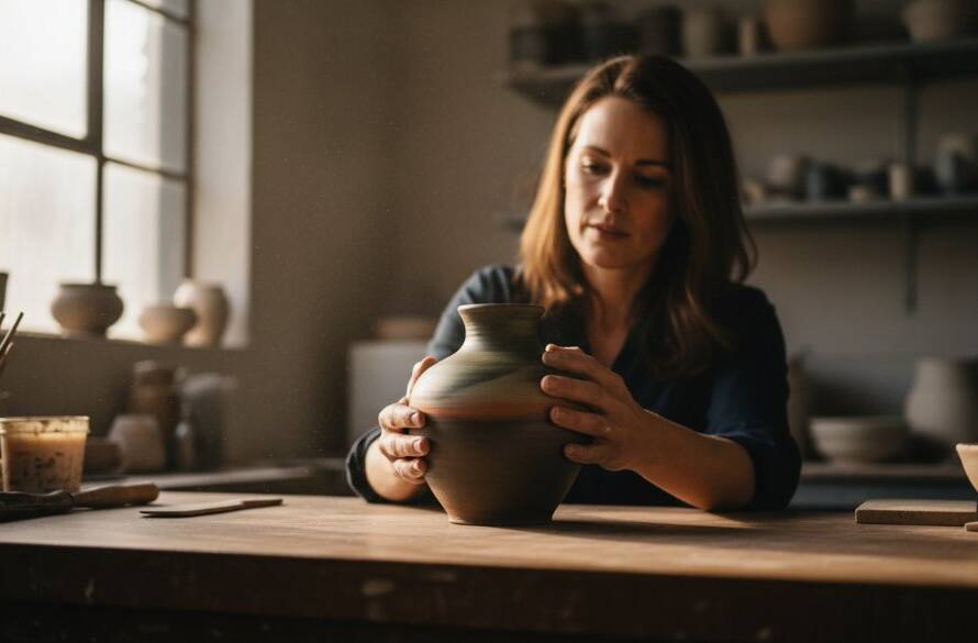 A close-up, dramatic shot of an artisan's hands carefully finishing a unique, handcrafted ceramic bowl in a sun-drenched Seabrook studio, showcasing exquisite detail and dedication. This 'Seabrook Victoria product photography for local artisans' style image features rich, warm lighting and a shallow depth of field, highlighting the product and the creative process.