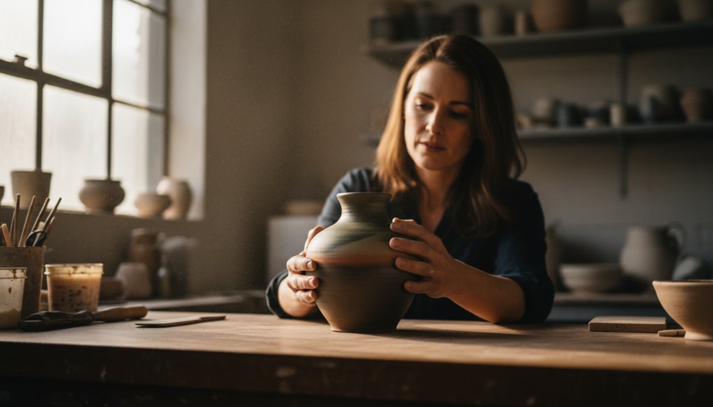 A close-up, dramatic shot of an artisan's hands carefully finishing a unique, handcrafted ceramic bowl in a sun-drenched Seabrook studio, showcasing exquisite detail and dedication. This 'Seabrook Victoria product photography for local artisans' style image features rich, warm lighting and a shallow depth of field, highlighting the product and the creative process.