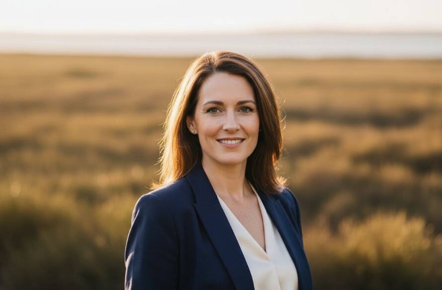 A confident female business owner in Seabrook, Victoria, captured with professional headshots, stands by the Altona Coastal Park with dramatic sunset lighting, conveying authority and approachability.