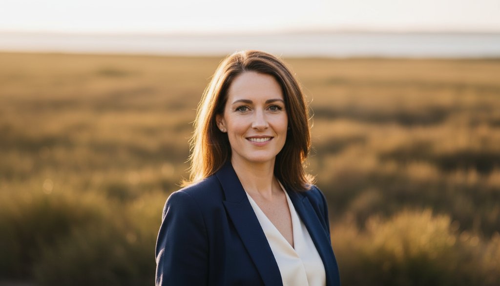 A confident female business owner in Seabrook, Victoria, captured with professional headshots, stands by the Altona Coastal Park with dramatic sunset lighting, conveying authority and approachability.