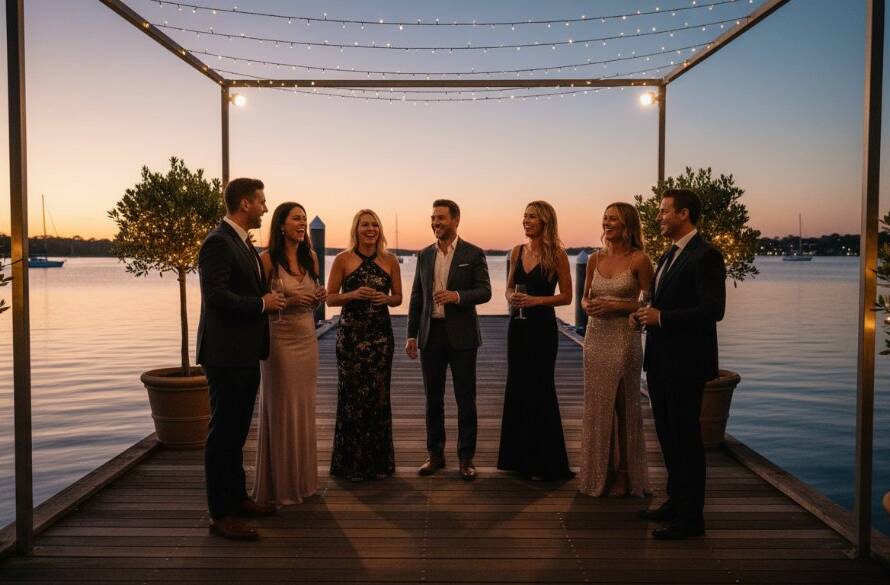 An epic wide-angle shot of a joyous outdoor wedding reception at sunset on the Seabrook waterfront, guests laughing and toasting, capturing Seabrook waterfront event photography for vibrant celebrations with professional lighting.