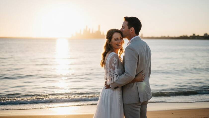 A wide shot of a newly married couple embracing at sunset on the Seabrook foreshore, with dramatic golden light, showcasing Seabrook waterfront wedding photography Victoria at its finest.