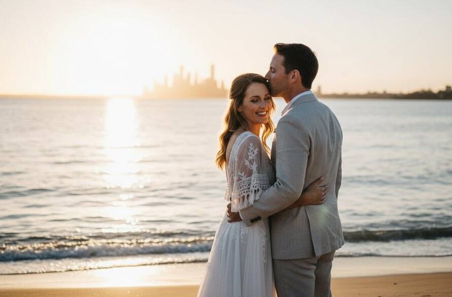 A wide shot of a newly married couple embracing at sunset on the Seabrook foreshore, with dramatic golden light, showcasing Seabrook waterfront wedding photography Victoria at its finest.