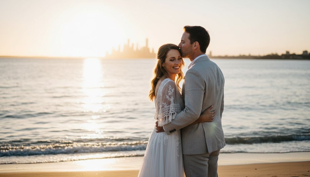 A wide shot of a newly married couple embracing at sunset on the Seabrook foreshore, with dramatic golden light, showcasing Seabrook waterfront wedding photography Victoria at its finest.