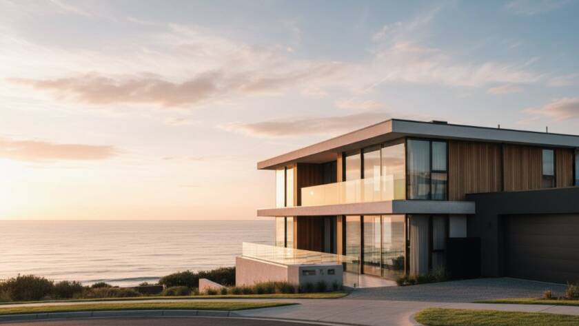 Dramatic wide-angle shot capturing the striking modern lines of a glass-fronted coastal home in Seaford at sunrise, showcasing Seaford coastal contemporary architecture photography with golden light reflecting off the water, creating an epic moment of design and nature.