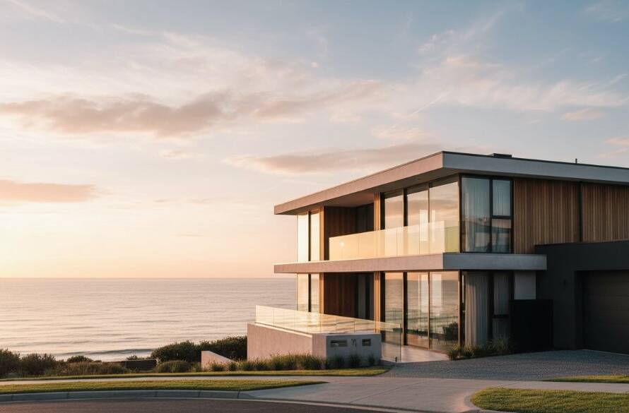Dramatic wide-angle shot capturing the striking modern lines of a glass-fronted coastal home in Seaford at sunrise, showcasing Seaford coastal contemporary architecture photography with golden light reflecting off the water, creating an epic moment of design and nature.