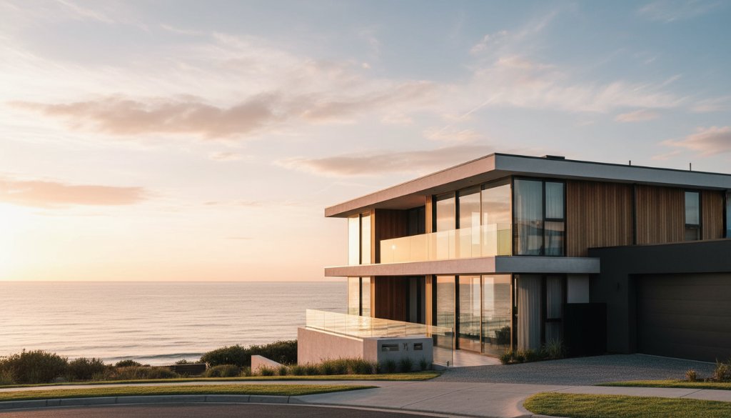 Dramatic wide-angle shot capturing the striking modern lines of a glass-fronted coastal home in Seaford at sunrise, showcasing Seaford coastal contemporary architecture photography with golden light reflecting off the water, creating an epic moment of design and nature.