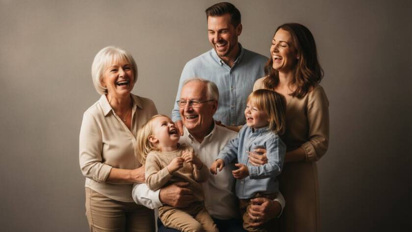 An epic, heartwarming moment of a multi-generational family laughing joyfully during a Seaford family studio portrait photography session, professionally lit and color-graded.