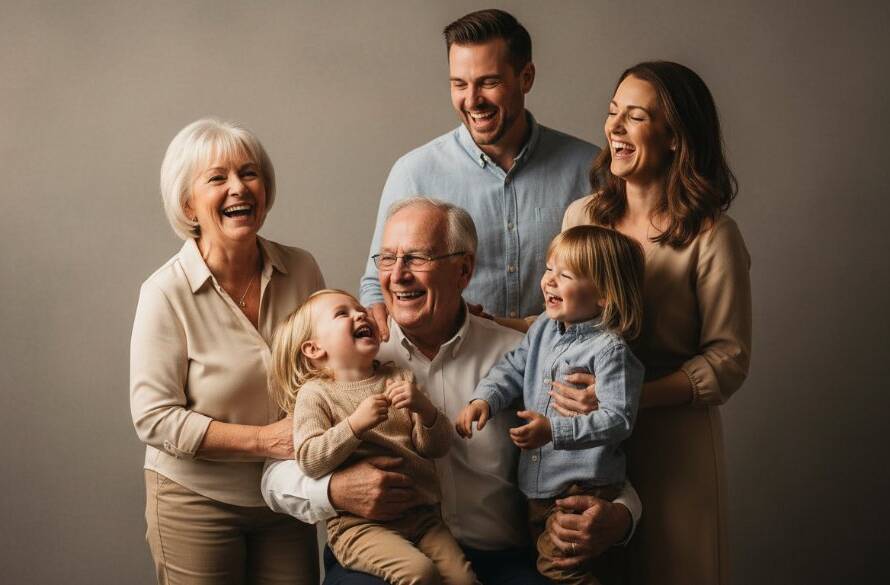 An epic, heartwarming moment of a multi-generational family laughing joyfully during a Seaford family studio portrait photography session, professionally lit and color-graded.