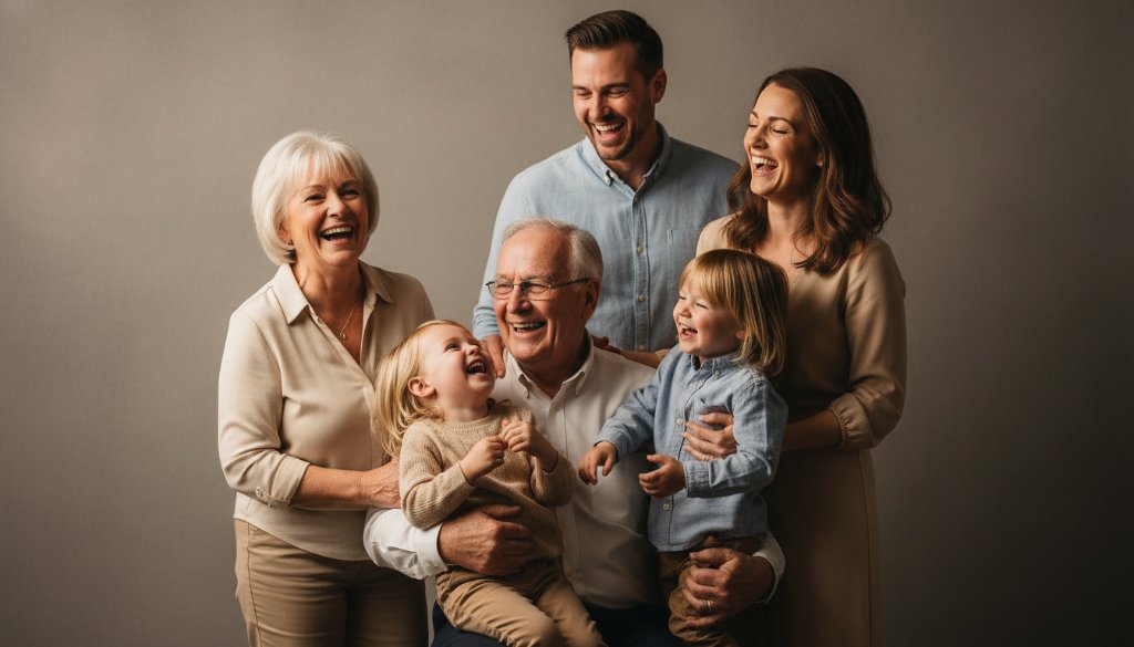 An epic, heartwarming moment of a multi-generational family laughing joyfully during a Seaford family studio portrait photography session, professionally lit and color-graded.