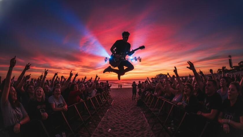 Dynamic shot capturing a guitarist's powerful jump mid-song during a Seaford live music photography vibrant performance at sunset on the beach, dramatic stage lighting and audience silhouettes.