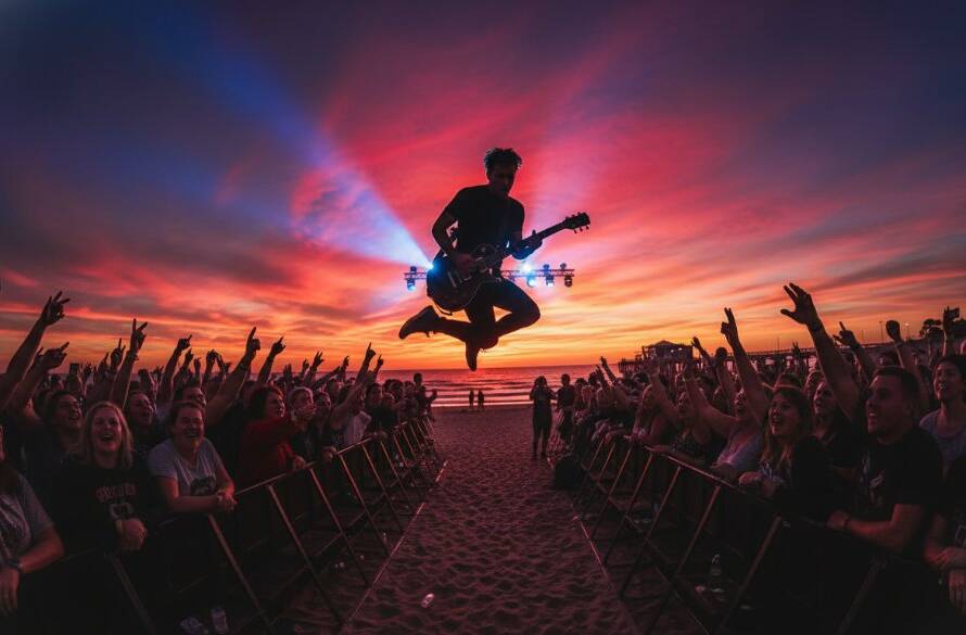 Dynamic shot capturing a guitarist's powerful jump mid-song during a Seaford live music photography vibrant performance at sunset on the beach, dramatic stage lighting and audience silhouettes.