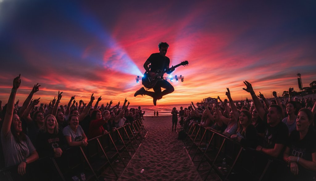 Dynamic shot capturing a guitarist's powerful jump mid-song during a Seaford live music photography vibrant performance at sunset on the beach, dramatic stage lighting and audience silhouettes.