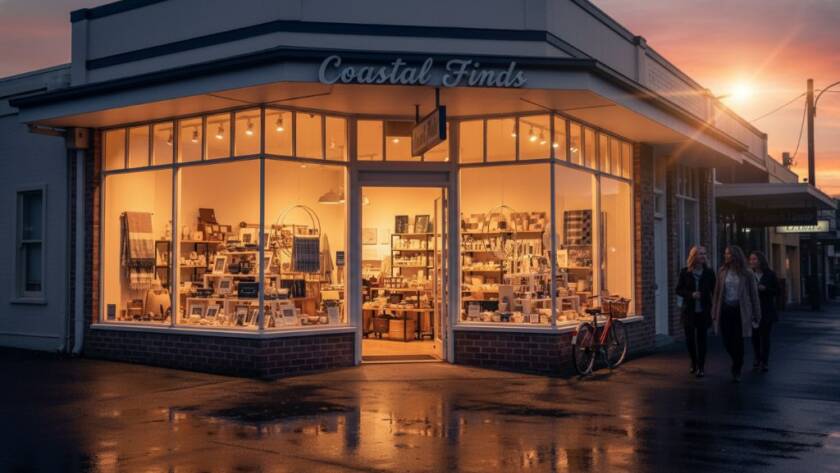 An epic moment captured in a stunning, high-resolution commercial photograph showcasing a beautifully lit, modern Seaford retail storefront at dusk, with the 'Seaford retail storefront commercial photography success' clearly visible in the vibrant display windows, reflecting the dramatic sunset and bustling street.