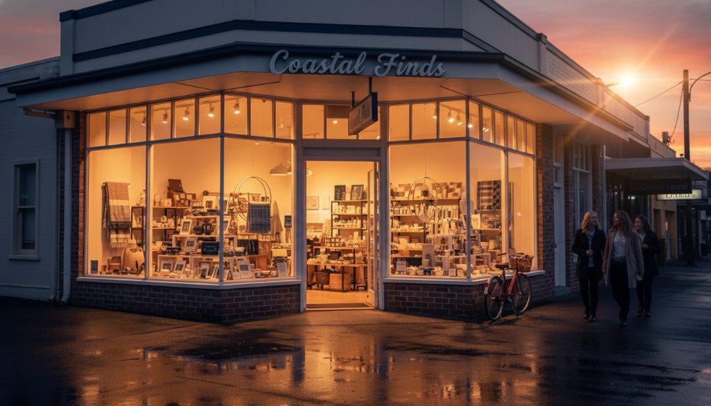 An epic moment captured in a stunning, high-resolution commercial photograph showcasing a beautifully lit, modern Seaford retail storefront at dusk, with the 'Seaford retail storefront commercial photography success' clearly visible in the vibrant display windows, reflecting the dramatic sunset and bustling street.