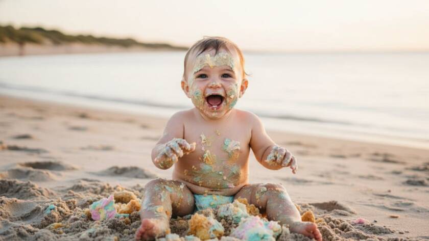 An adorable baby, covered in frosting from their first birthday cake smash, laughs joyfully amidst a dreamy, pastel-themed setup on Seaford beach, bathed in golden hour light, capturing their triumphant Seaford VIC Baby's First Birthday Cake Smash Photos moment.