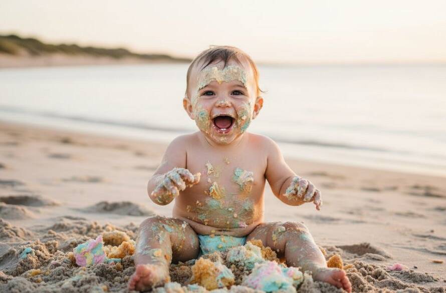 An adorable baby, covered in frosting from their first birthday cake smash, laughs joyfully amidst a dreamy, pastel-themed setup on Seaford beach, bathed in golden hour light, capturing their triumphant Seaford VIC Baby's First Birthday Cake Smash Photos moment.