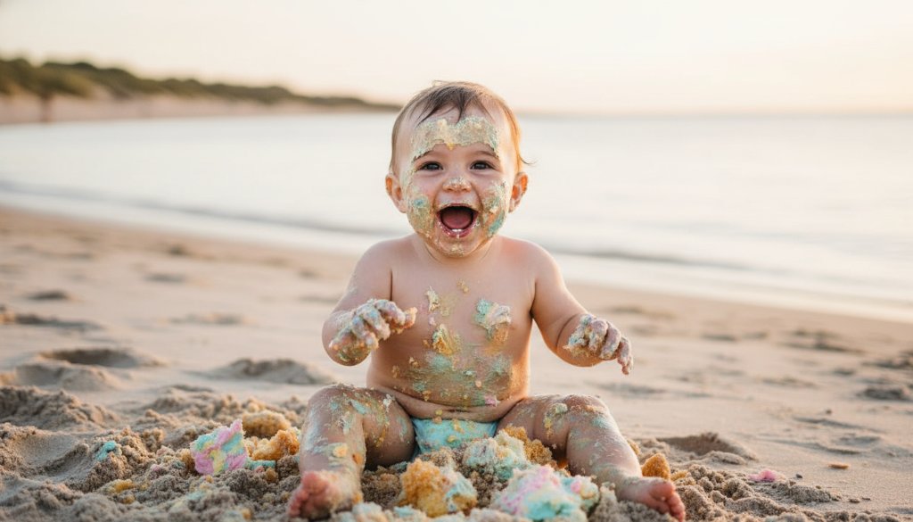 An adorable baby, covered in frosting from their first birthday cake smash, laughs joyfully amidst a dreamy, pastel-themed setup on Seaford beach, bathed in golden hour light, capturing their triumphant Seaford VIC Baby's First Birthday Cake Smash Photos moment.