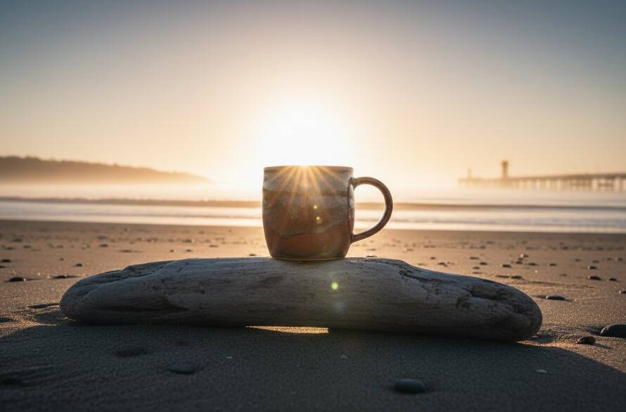 A dramatically lit handcrafted ceramic mug, showcasing intricate details and rich textures, sits on a weathered wooden table by the tranquil Seaford beach at sunrise, embodying Seaford Victoria artisan product photography expertise with a touch of local charm.