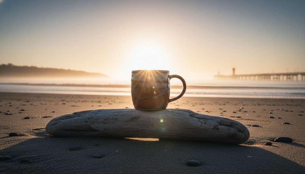 A dramatically lit handcrafted ceramic mug, showcasing intricate details and rich textures, sits on a weathered wooden table by the tranquil Seaford beach at sunrise, embodying Seaford Victoria artisan product photography expertise with a touch of local charm.