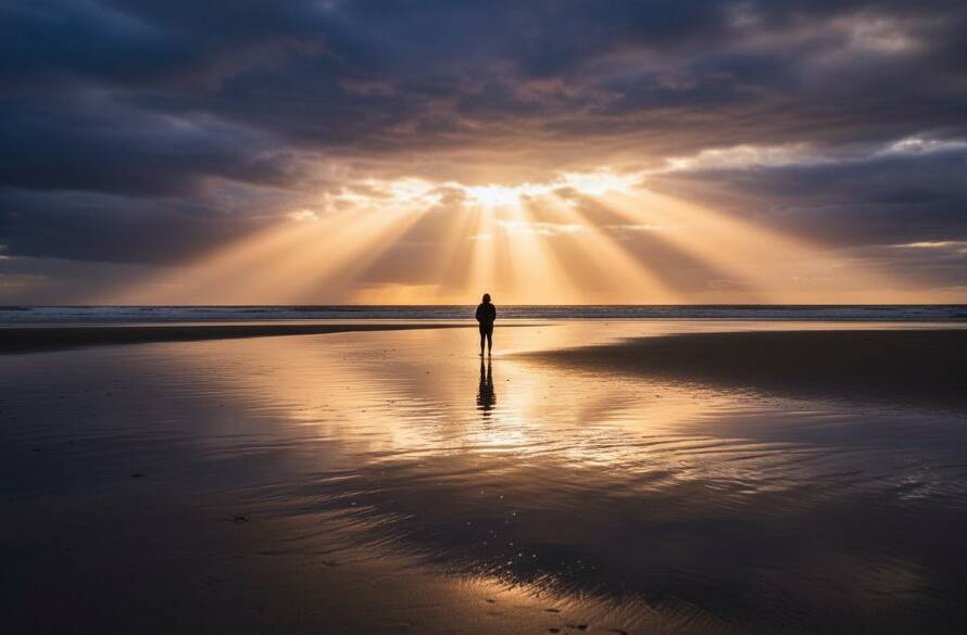 A breathtaking wide shot capturing a solitary figure silhouetted against a vibrant, dramatic sunset over the calm waters of Seaford Beach, Victoria, embodying 'Seaford Victoria dramatic fine art coastal photography' with professional colour grading.