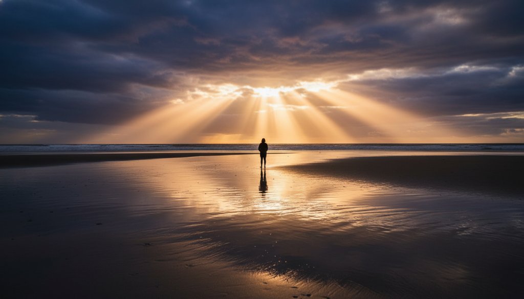 A breathtaking wide shot capturing a solitary figure silhouetted against a vibrant, dramatic sunset over the calm waters of Seaford Beach, Victoria, embodying 'Seaford Victoria dramatic fine art coastal photography' with professional colour grading.