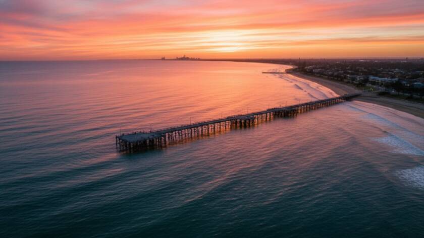 An epic moment of a drone capturing the golden hour over Seaford Pier, Victoria, with its long stretch jutting into the calm turquoise waters of Port Phillip Bay, showcasing stunning coastal vistas from an aerial perspective with dramatic, warm lighting.