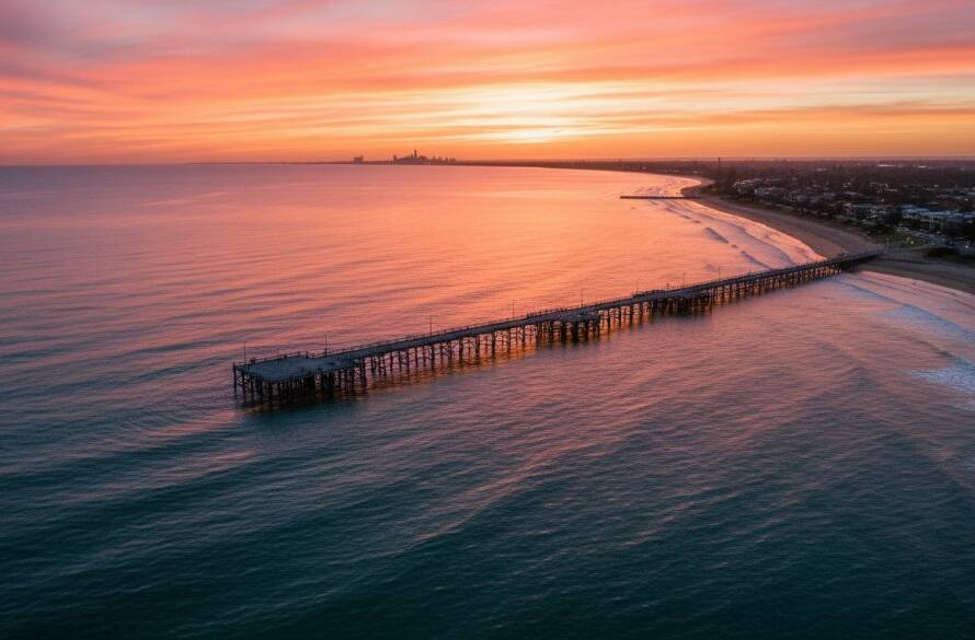 An epic moment of a drone capturing the golden hour over Seaford Pier, Victoria, with its long stretch jutting into the calm turquoise waters of Port Phillip Bay, showcasing stunning coastal vistas from an aerial perspective with dramatic, warm lighting.