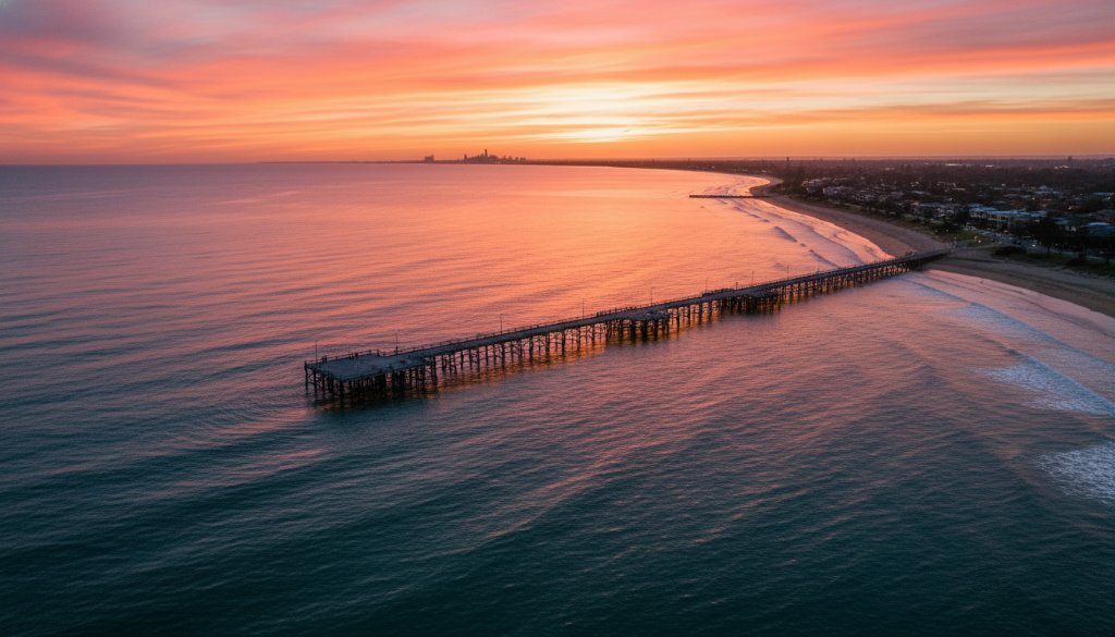 An epic moment of a drone capturing the golden hour over Seaford Pier, Victoria, with its long stretch jutting into the calm turquoise waters of Port Phillip Bay, showcasing stunning coastal vistas from an aerial perspective with dramatic, warm lighting.