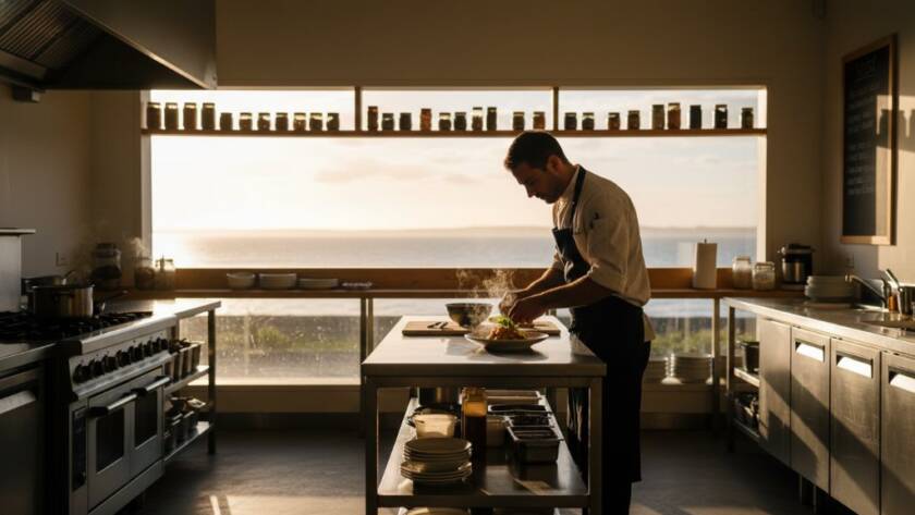 Dramatic wide shot capturing the essence of Seaford Victoria editorial photography creative storytelling, showing a local artisan intensely focused on their craft with the sun setting over Port Phillip Bay, highlighting their dedication and the vibrant coastal community.
