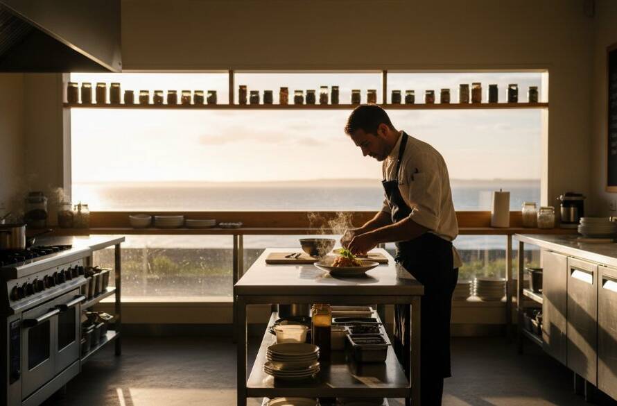 Dramatic wide shot capturing the essence of Seaford Victoria editorial photography creative storytelling, showing a local artisan intensely focused on their craft with the sun setting over Port Phillip Bay, highlighting their dedication and the vibrant coastal community.