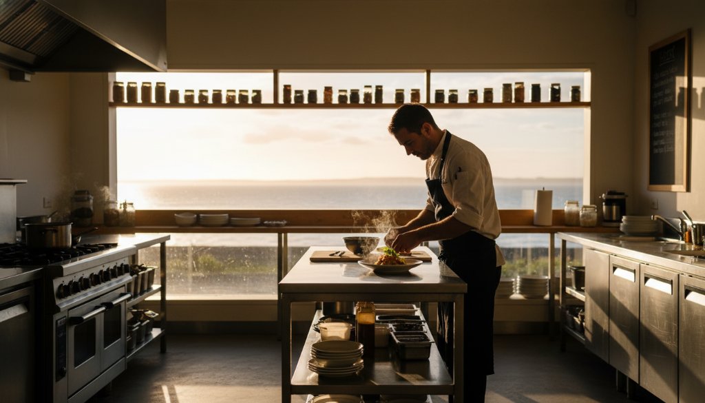 Dramatic wide shot capturing the essence of Seaford Victoria editorial photography creative storytelling, showing a local artisan intensely focused on their craft with the sun setting over Port Phillip Bay, highlighting their dedication and the vibrant coastal community.