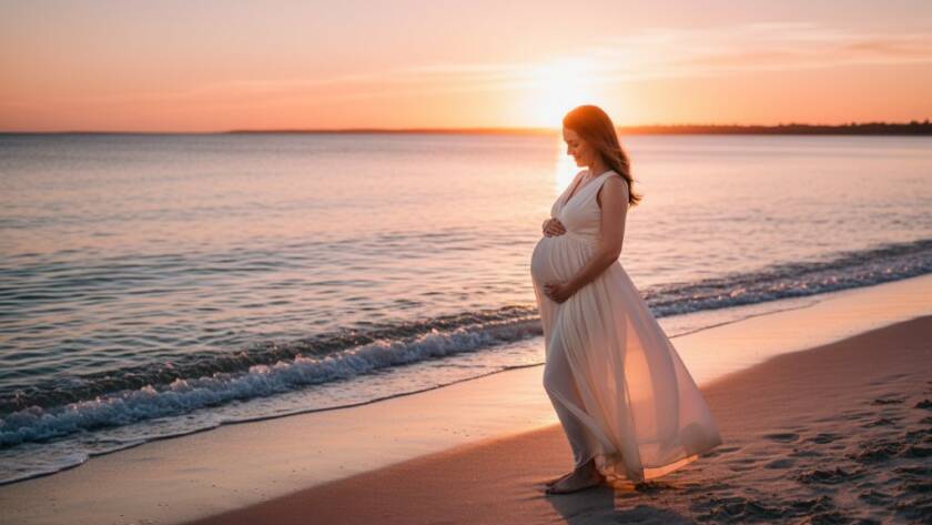 An emotionally resonant, professional photograph of a pregnant woman embracing her bump at sunset on Seaford Beach, Victoria, capturing breathtaking beach memories during a Seaford Victoria maternity photoshoot. The golden hour light dramatically illuminates her silhouette against the ocean.