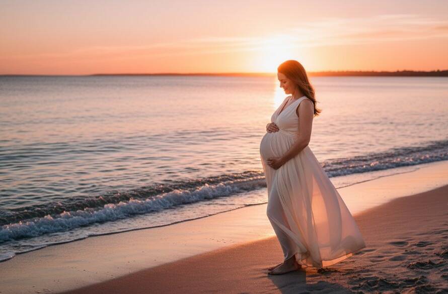 An emotionally resonant, professional photograph of a pregnant woman embracing her bump at sunset on Seaford Beach, Victoria, capturing breathtaking beach memories during a Seaford Victoria maternity photoshoot. The golden hour light dramatically illuminates her silhouette against the ocean.