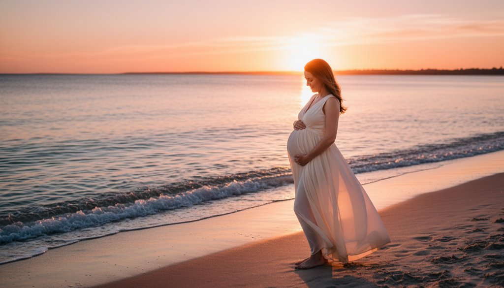 An emotionally resonant, professional photograph of a pregnant woman embracing her bump at sunset on Seaford Beach, Victoria, capturing breathtaking beach memories during a Seaford Victoria maternity photoshoot. The golden hour light dramatically illuminates her silhouette against the ocean.