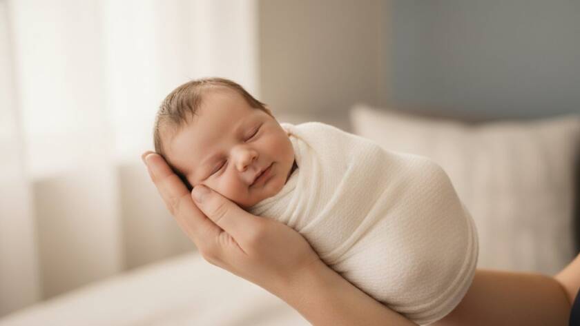 A serene, close-up shot of a newborn baby swaddled in soft, earthy tones, gently cradled in a parent's hands, with the warm, soft glow of morning light filtering through a sheer curtain in a Seaford home, embodying Seaford Victoria newborn photography gentle artistry.