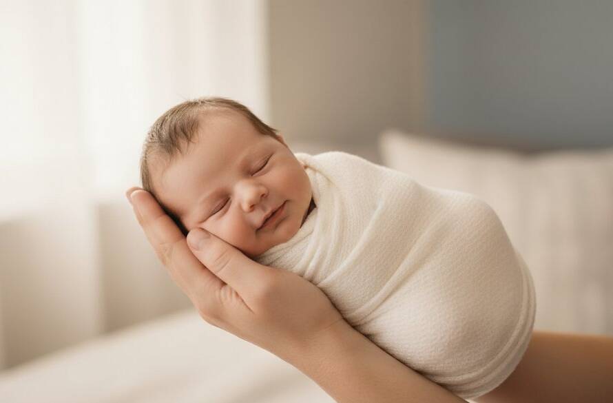 A serene, close-up shot of a newborn baby swaddled in soft, earthy tones, gently cradled in a parent's hands, with the warm, soft glow of morning light filtering through a sheer curtain in a Seaford home, embodying Seaford Victoria newborn photography gentle artistry.