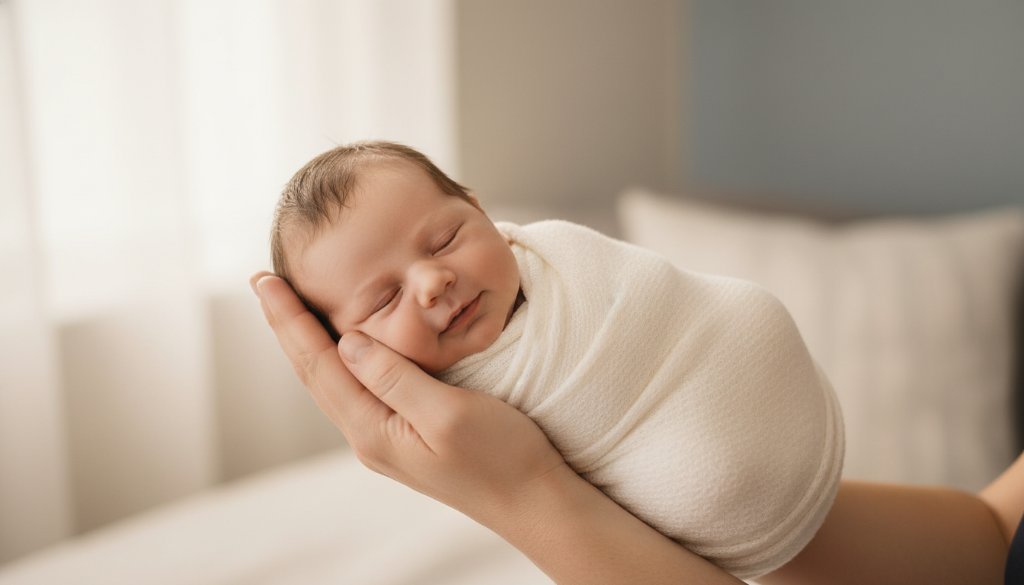 A serene, close-up shot of a newborn baby swaddled in soft, earthy tones, gently cradled in a parent's hands, with the warm, soft glow of morning light filtering through a sheer curtain in a Seaford home, embodying Seaford Victoria newborn photography gentle artistry.