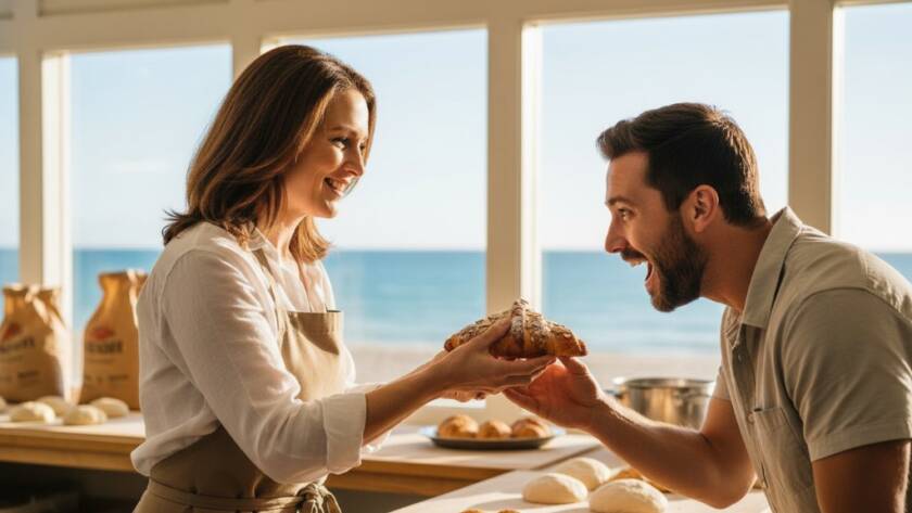 Dynamic, sun-drenched photograph showcasing a local Seaford Victoria small business owner interacting genuinely with a customer outside their charming cafe near Seaford Beach, capturing an authentic, epic moment of connection through professional branding photography.