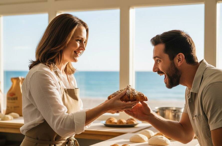 Dynamic, sun-drenched photograph showcasing a local Seaford Victoria small business owner interacting genuinely with a customer outside their charming cafe near Seaford Beach, capturing an authentic, epic moment of connection through professional branding photography.