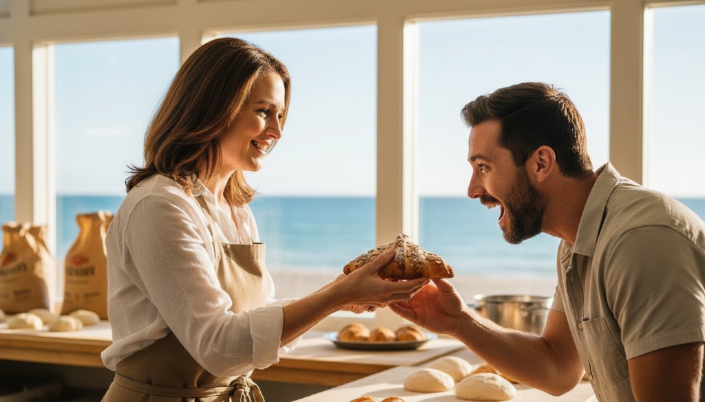 Dynamic, sun-drenched photograph showcasing a local Seaford Victoria small business owner interacting genuinely with a customer outside their charming cafe near Seaford Beach, capturing an authentic, epic moment of connection through professional branding photography.