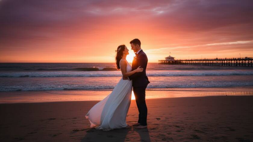 An epic moment captured in Seaford Victoria wedding photography intimate beach vows, showing a couple sharing a tender kiss against the dramatic sunset over Seaford Pier, with soft waves lapping the shore, professionally colour-graded.