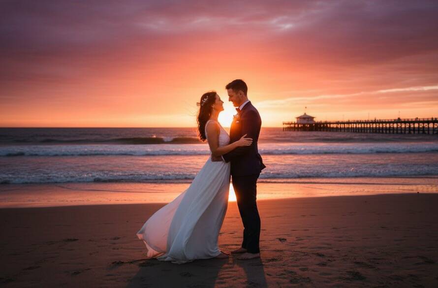 An epic moment captured in Seaford Victoria wedding photography intimate beach vows, showing a couple sharing a tender kiss against the dramatic sunset over Seaford Pier, with soft waves lapping the shore, professionally colour-graded.