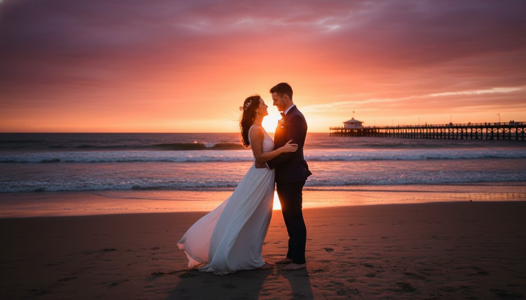 An epic moment captured in Seaford Victoria wedding photography intimate beach vows, showing a couple sharing a tender kiss against the dramatic sunset over Seaford Pier, with soft waves lapping the shore, professionally colour-graded.