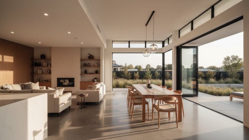 An exquisite professional photograph showcasing a contemporary Sebastopol family home bathed in the soft glow of a sunrise, with manicured native landscaping, a welcoming facade, and a hint of the serene Victorian streetscape in the background, embodying Sebastopol real estate photography enhancing property value.