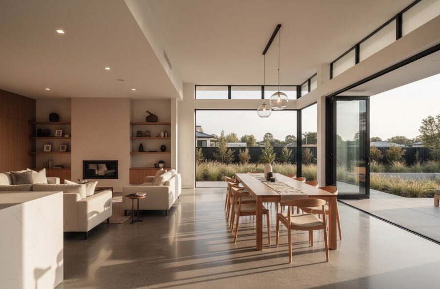 An exquisite professional photograph showcasing a contemporary Sebastopol family home bathed in the soft glow of a sunrise, with manicured native landscaping, a welcoming facade, and a hint of the serene Victorian streetscape in the background, embodying Sebastopol real estate photography enhancing property value.