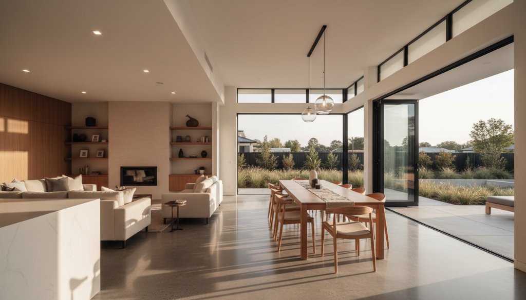 An exquisite professional photograph showcasing a contemporary Sebastopol family home bathed in the soft glow of a sunrise, with manicured native landscaping, a welcoming facade, and a hint of the serene Victorian streetscape in the background, embodying Sebastopol real estate photography enhancing property value.