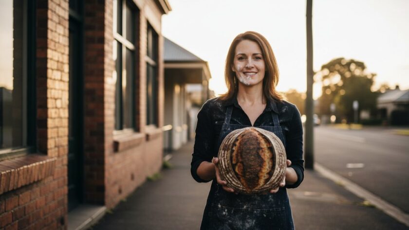 Dynamic wide shot capturing a small business owner in Sebastopol proudly presenting their artisan product in front of a rustic, sun-drenched heritage building, embodying Sebastopol bespoke brand photography solutions with dramatic, cinematic lighting.