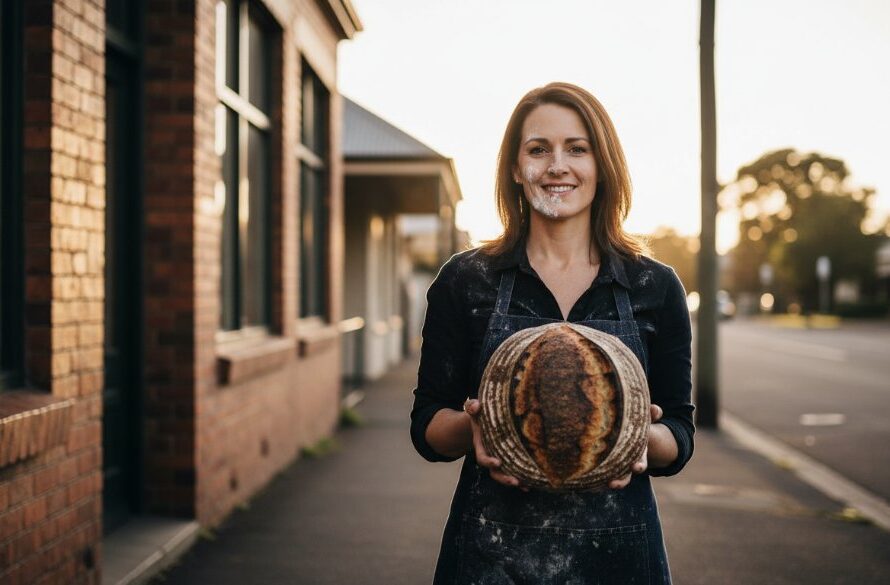Dynamic wide shot capturing a small business owner in Sebastopol proudly presenting their artisan product in front of a rustic, sun-drenched heritage building, embodying Sebastopol bespoke brand photography solutions with dramatic, cinematic lighting.